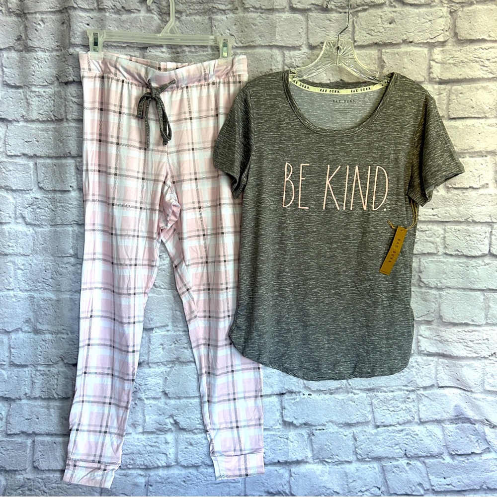 NWT Rae Dunn Jewel Neck Jogger Heather Grey Pale Porcelain Plaid 2pc bin CTRR